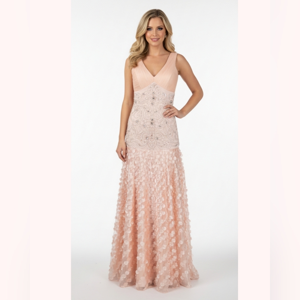 Sue Wong Ruched Bust Embroidered Bodice Ribbon Detail Satin and Mesh Dre…